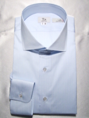 2023年07月22日受注 東京・杉並区のH.T様 常連のお客様ですがアルビニのストライプで襟型はカッタウェイになります。ブルー系シャツは合わせやすいですね。!(^^)!
